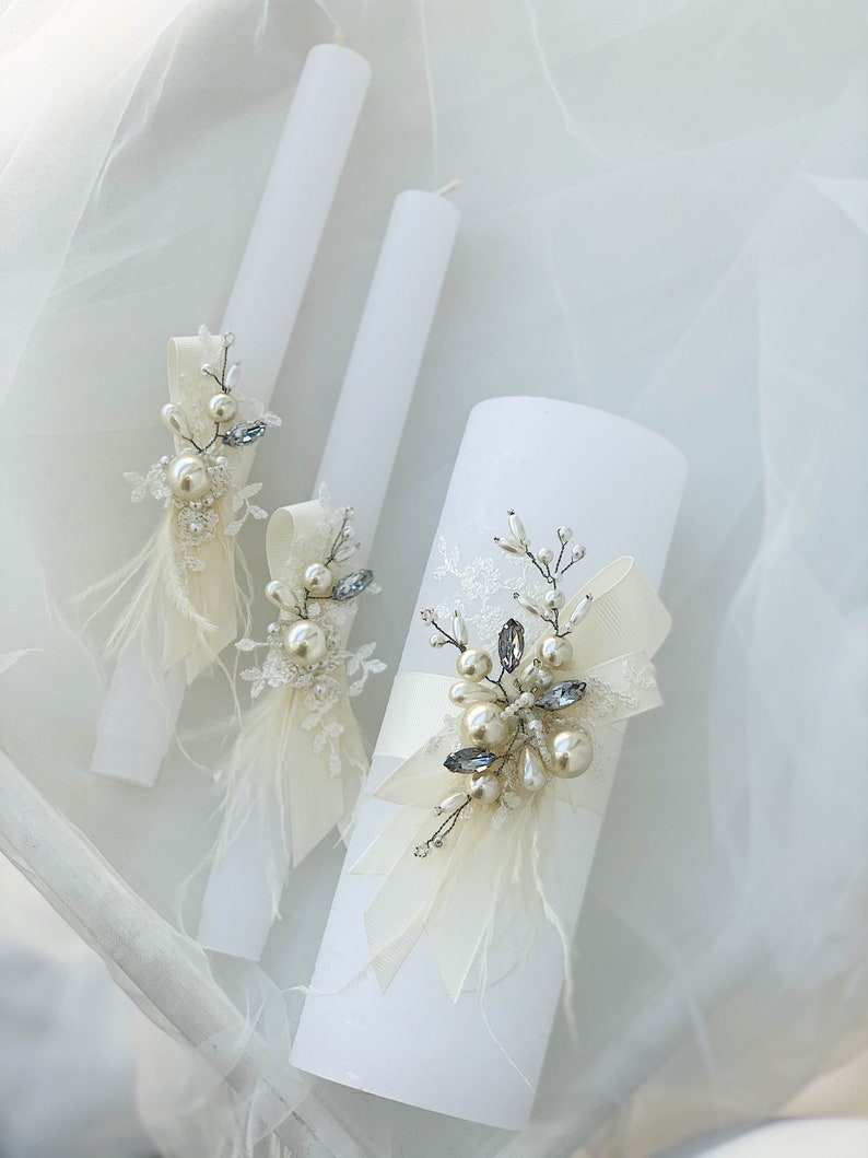 Fancy Unity candles set with jeweled decor and ostrich feathers, Large white pillar candle and taper candles, Bling wedding candles set image 5
