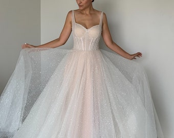 Sparkling fantasy A-line wedding dress, Fancy sweetheart neckline bridal gown, Bohemian corset bridal dress, Bespoke custom gown