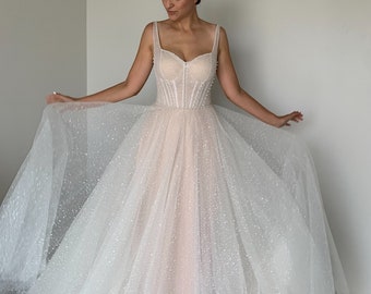 Sparkling fantasy A-line wedding dress, Fancy sweetheart neckline bridal gown, Bohemian corset bridal dress, Bespoke custom wedding gown