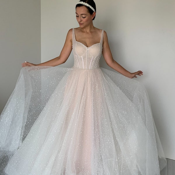 Sparkling fantasy A-line wedding dress, Fancy sweetheart neckline bridal gown, Bohemian corset bridal dress, Bespoke custom gown