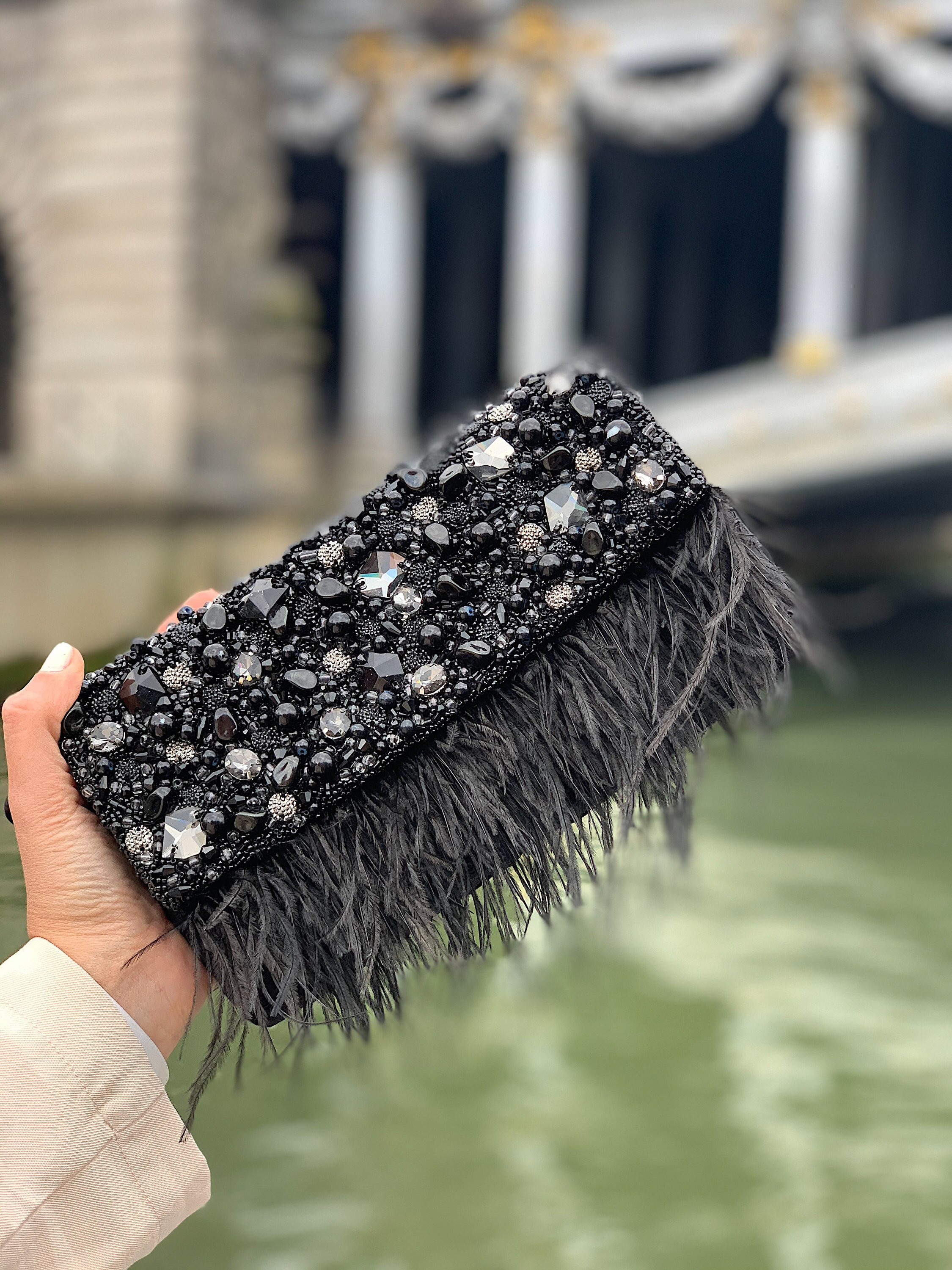 Black Evening Clutch With Ostrich Feathers Handmade Feathered