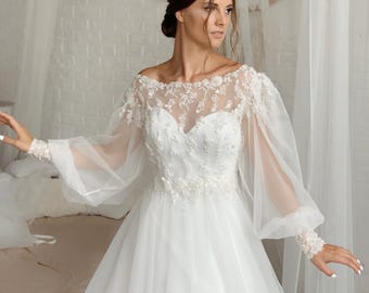 Modest white fantasy wedding dress, Princess fairy bridal dress with wide tulle sleeves, Fancy corset A line wedding dress, Custom size
