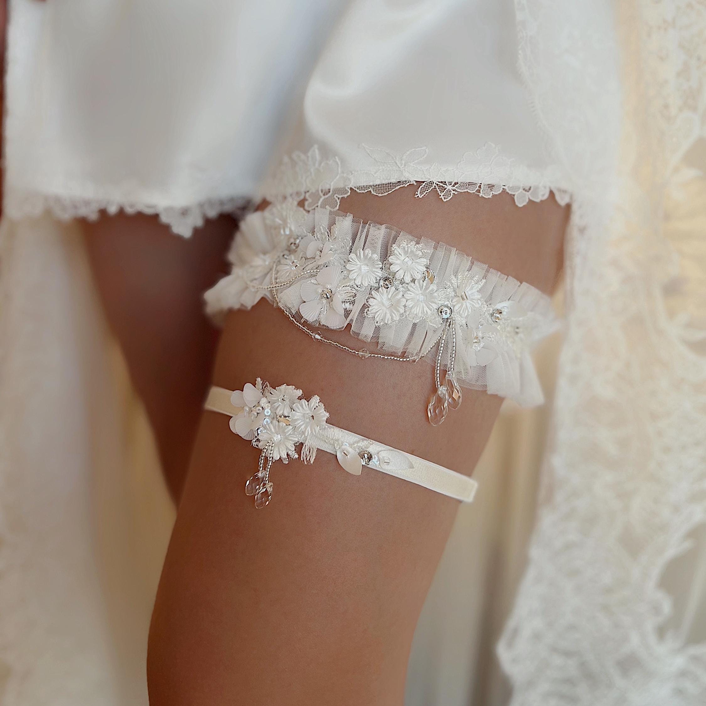 Floral light ivory wedding garter for bride, Fantasy flower garter with…