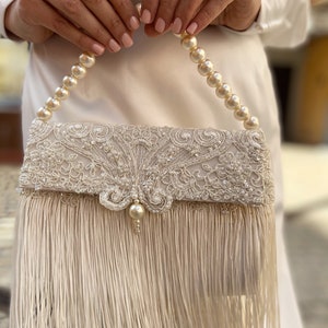 Fancy ivory wedding clutch with vintage fringe for bride, Flap over Bridesmaid handbag, Jeweled evening bag, Handmade boho bridal purse