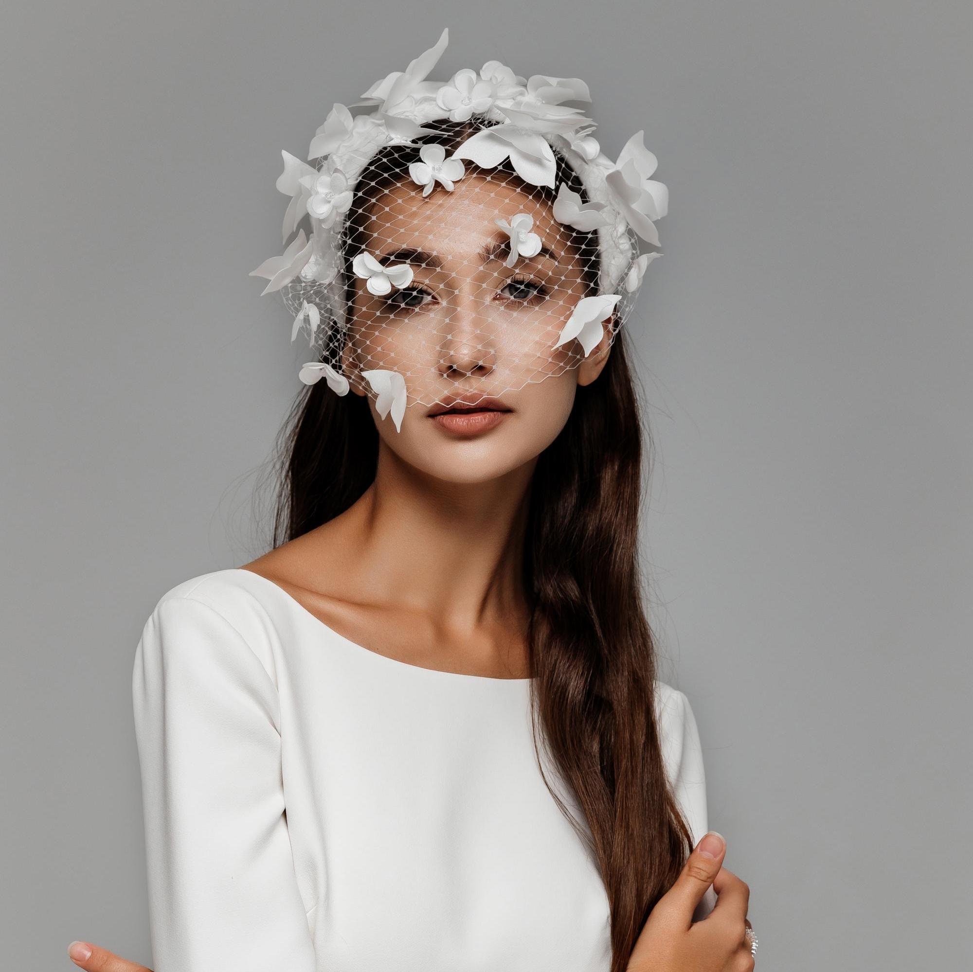 Birdcage veil headband ivory floral adorned band w/ attached open- mesh Pearl and floral embellished birdcage wedding veil  main image 2