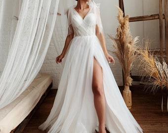 Fantasy white wedding dress, Luxury deep V neckline bridal dress, Modern overbust corset A line dress, Fairy tulle wedding gown