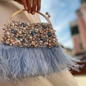 Dusty blue wedding clutch with ostrich feathers, Bridesmaid evening clutch, Sparkling bridal purse, Handmade vintage jeweled handbag
