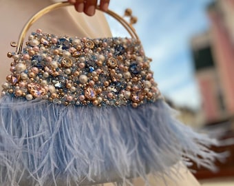 Dusty blue wedding clutch with ostrich feathers, Bridesmaid evening clutch, Sparkling bridal purse, Handmade vintage jeweled handbag