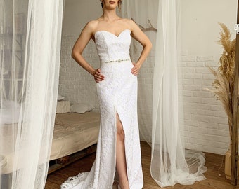 Last size sale - US 10 / EU 42 Trumpet strapless wedding dress, Sparkle lace bridal dress, Sweetheart overbust corset gown for bride