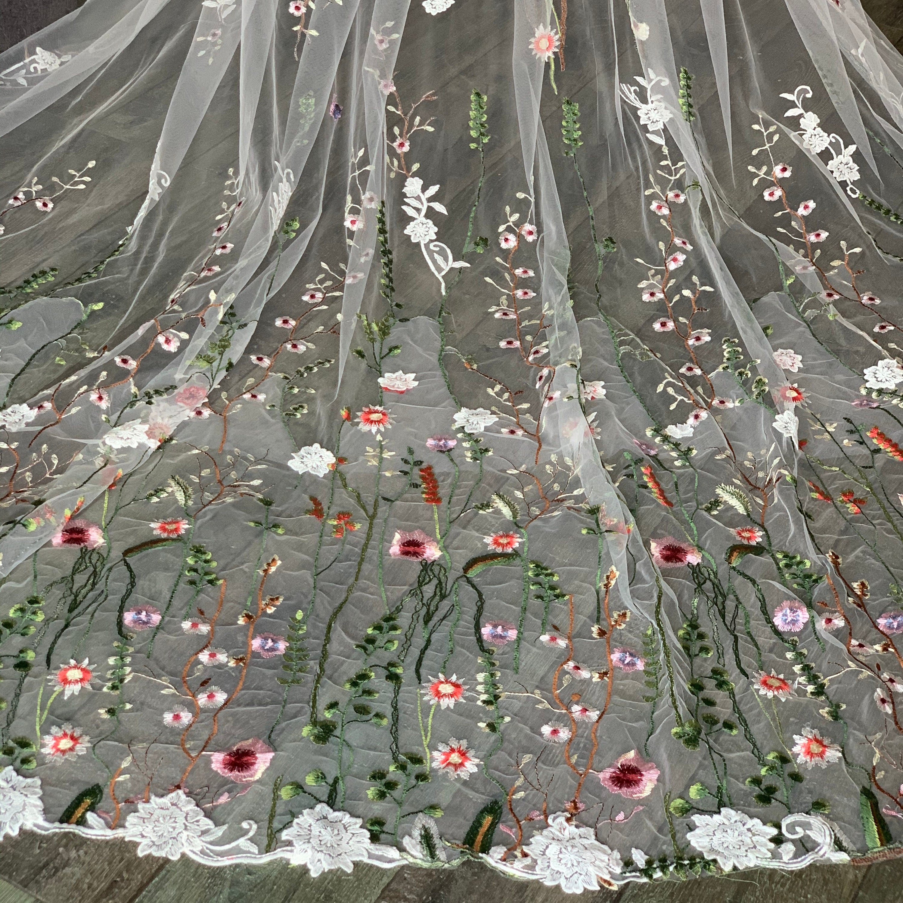 Bridal Whimsical Wedding Veil With Colorful Embroidery. Fairy Floral  Fantasy Cathedral, Chapel, Floor Length, Fingertip Veils With Comb -   Denmark