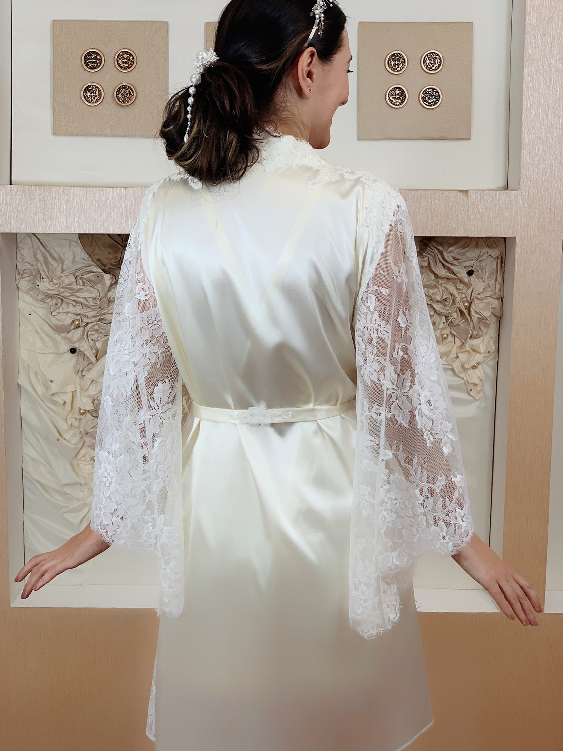 Ivory satin bridal robe with lace sleeves Luxury CUSTOM SIZE Etsy