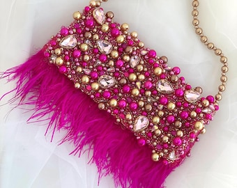 Bright magenta evening clutch with ostrich feathers, Flap over bridesmaid bag, Rhinestones fuchsia party purse, Fancy shiny jeweled bag