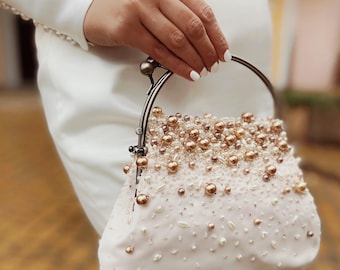 Elegant satin wedding clutch with taupe pearls, Small bridal purse, Bling jeweled women evening clutch, Fancy brown beaded bridal bag