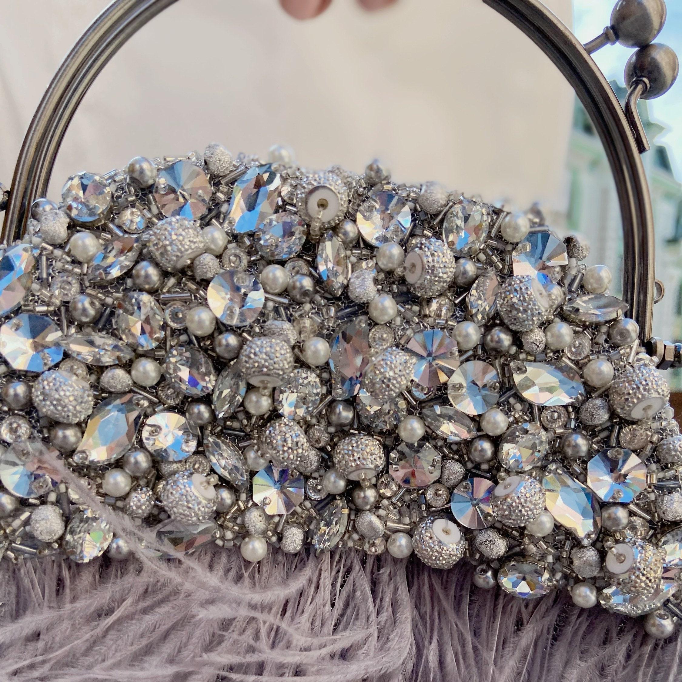 Silver Sparkly Wedding Clutch With Ostrich Feathers, Elegant  display picture 3