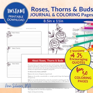 Page de journal guidée Roses, épines et boutons à imprimer numériquement, 50 pages à colorier pour adultes au format PDF, citations motivantes à télécharger