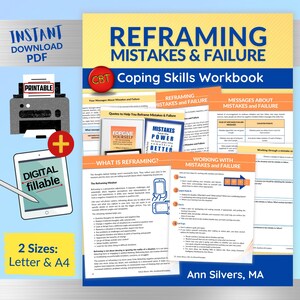 May include: A workbook titled "Reframing Mistakes & Failure" with "Coping Skills Workbook" text. Includes a printer icon with "Printable" text, a tablet with "Digital Fillable" text, and the text "2 Sizes: Letter & A4".
