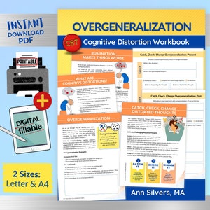 May include: A printable and digital workbook titled "Overgeneralization: Cognitive Distortion Workbook" with a blue and yellow color scheme. The workbook features a cartoon illustration of a person with a thought bubble above their head. The text "Catch, Check, Change Distorted Thoughts" is also included.