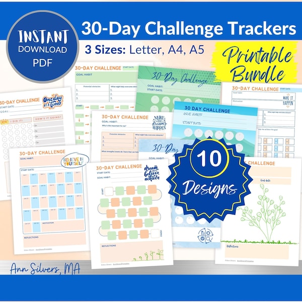 30 Day Challenge Daily Habit Trackers PDF Download Printable Bundle, Letter A4 & A5 Journal Sizes