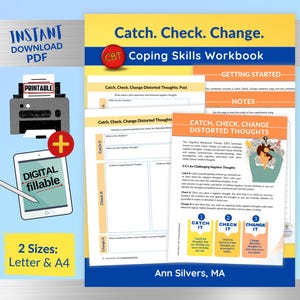CBT Therapy Worksheets PDF: Catch, Check, Change, Printable, Fillable, and Editable Coping Skills Workbook for Mental Health