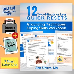 12 Quick Reset Grounding Techniques Workbook PDF, Printable & Fillable, Editable CBT Therapy and Stress Management Mindfulness Worksheets