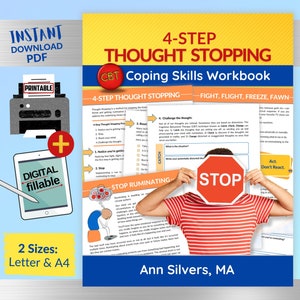 May include: A printable and digital workbook titled "4-Step Thought Stopping: CBT Coping Skills Workbook" with the subtitle "Fight, Flight, Freeze, Fawn". The workbook features a red stop sign and a cartoon illustration of a person holding the sign. The workbook is available in two sizes: Letter and A4.