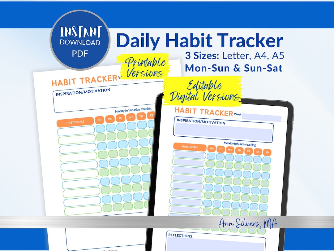 Daily Habit Tracker PDF Download Printable, Editable, Fillable, Weekly ...