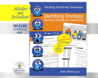 Puede incluir: Un libro de trabajo PDF imprimible para enseñar conciencia emocional y vocabulario. La portada presenta un diseño naranja y azul brillante con cuatro caras de dibujos animados que expresan diferentes emociones. El título es "Identificar emociones: Expandir el vocabulario y la comprensión". El libro de trabajo incluye 20 hojas de trabajo y es para niños de 12 años en adelante.