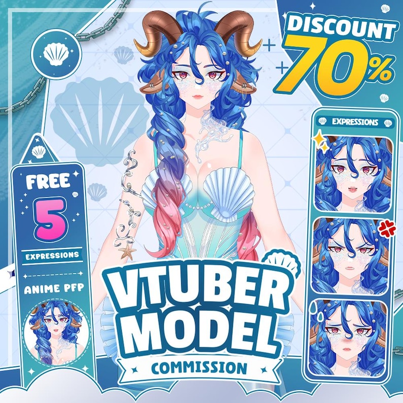 May include: A digital illustration of a blue-haired anime character with ram horns, wearing a seashell-themed top. The graphic includes text reading VTUBER MODEL COMMISSION, DISCOUNT 70%, and FREE 5 EXPRESSIONS, featuring various facial expressions.