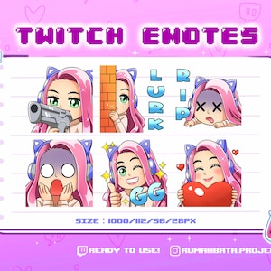 Chibi Girl Emotes |  Pink Hair | Green Eyes | Beige Hoodie | Purple Cat Ears Headset | Cute Streamer Emoji