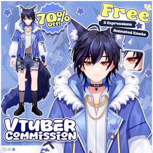 Peut inclure: Illustration numérique d'un personnage d'anime masculin aux cheveux noirs et bleus, portant une veste bleue avec une capuche bordée de fourrure et un collier ras du cou noir. Le texte dit "VTUBER COMMISSION" et "70% Off!"