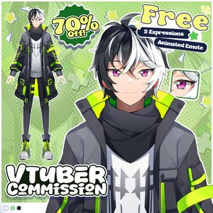 Anime male VTuber character design with split black and white hair, pink eyes, and futuristic cyberpunk outfit featuring neon green accents. VTuber avatar shown with detailed clothing elements and expressive face, perfect for Twitch streaming, YouTube VTuber content, Live2D model, PNGTuber avatar, and virtual streamer branding. Custom VTuber character concept ideal for gamers, content creators, and anime style VTuber commissions for Twitch, YouTube, and streaming platforms