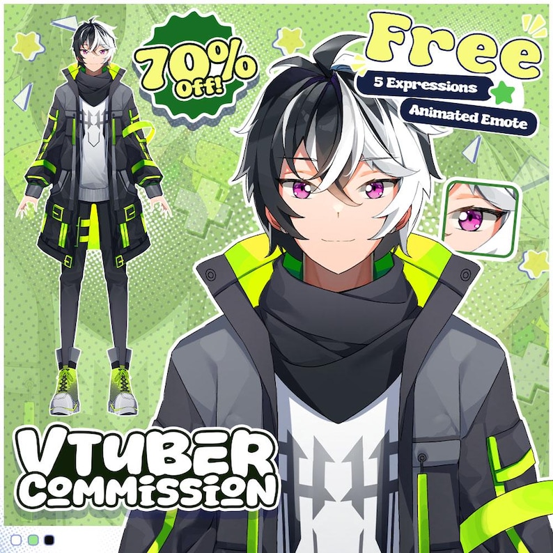 Anime male VTuber character design with split black and white hair, pink eyes, and futuristic cyberpunk outfit featuring neon green accents. VTuber avatar shown with detailed clothing elements and expressive face, perfect for Twitch streaming, YouTube VTuber content, Live2D model, PNGTuber avatar, and virtual streamer branding. Custom VTuber character concept ideal for gamers, content creators, and anime style VTuber commissions for Twitch, YouTube, and streaming platforms
