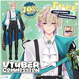 May include: A digital illustration of a character in a white shirt, black pants, and a teal cape. The image includes text that says "VTUBER COMMISSION", "70% Off!", and "Free 5 Expressions Animated Emote". The character has blonde hair with purple highlights and purple eyes.