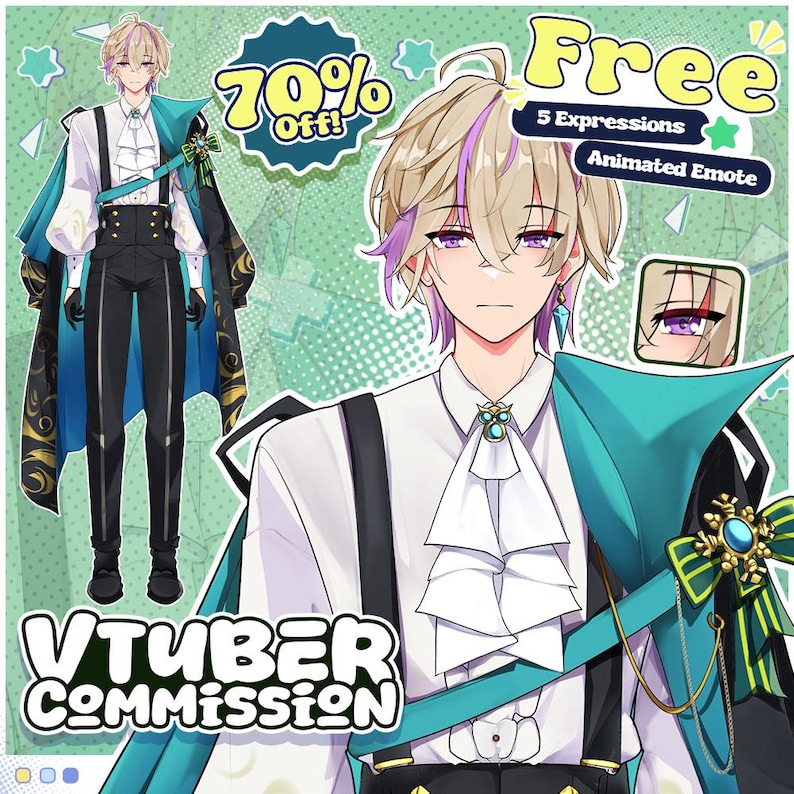 May include: A digital illustration of a character in a white shirt, black pants, and a teal cape. The image includes text that says "VTUBER COMMISSION", "70% Off!", and "Free 5 Expressions Animated Emote". The character has blonde hair with purple highlights and purple eyes.