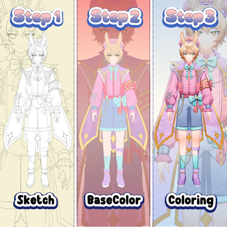 custom vtuber model live2d. VTuber avatar digital illustration of a rabbit femboy with blonde hair, pastel bunny ears, soft makeup, and a sailor-themed outfit featuring a pastel sailor collar, white short pants, and mint ribbon—ideal for Twitch overlays, YouTube channel art, or streaming branding.