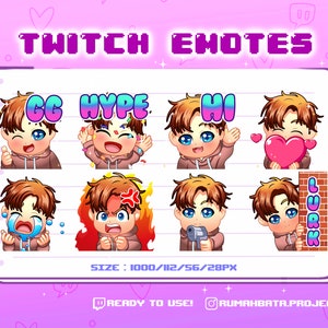 Chibi Boy Emotes | Brown Hair | Blue Eyes | Brown Hoodie | Cute Streamer Emoji