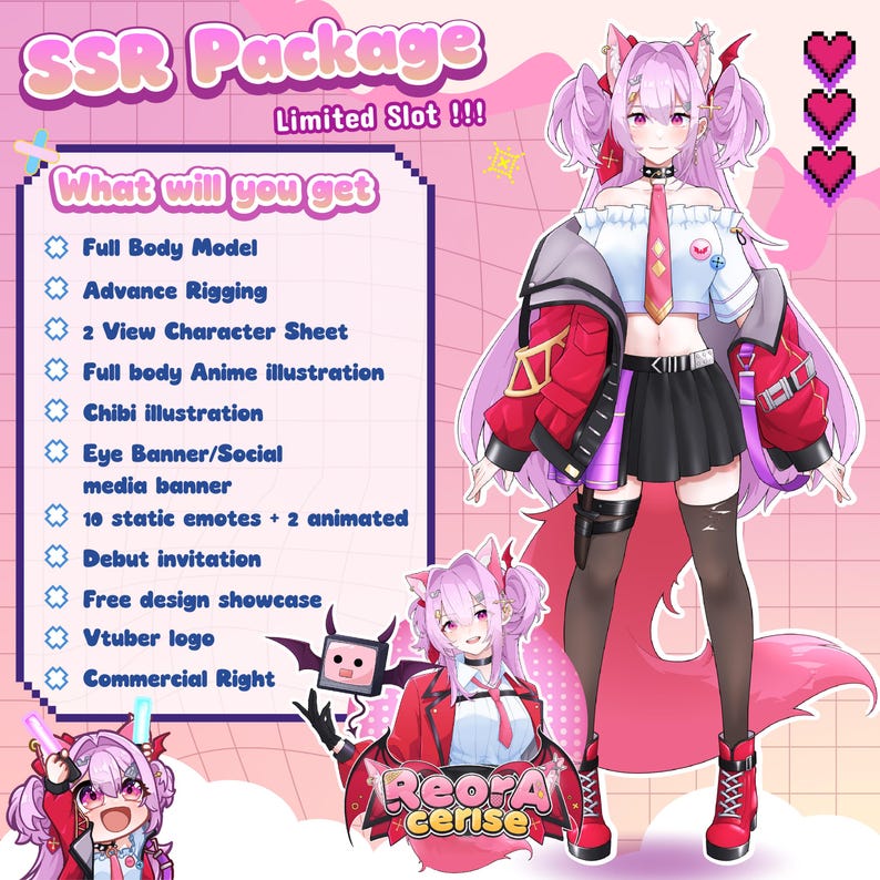 SSR VTuber commission package for streamers. Includes full body Live2D VTuber model with advanced rigging for smooth face tracking, physics, and expressive movement. Commercial rights included, making it perfect for professional VTuber debut, Twitch and YouTube streaming, and personal brand identity. Limited slot high quality anime VTuber design service