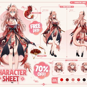 May include: A character sheet illustration featuring a female anime-style character in a red and black kimono with a dragon tail. The image includes a companion dragon, accessories, and color palettes. Text includes "CHARACTER SHEET" and "70% OFF!"