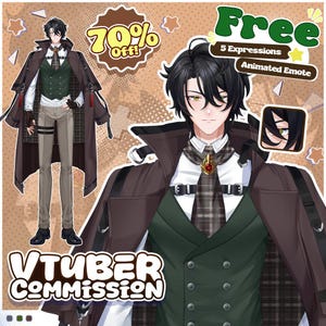 custom vtuber model live2d. Anime male VTuber character design with black hair and green eyes wearing a fantasy style outfit with a brown coat, plaid tie, and gold brooch accessory.  Pixel heart icons and chat bubble graphics decorate the layout, while a promo note lists free emote, VTuber logo, 5 expressions, and source files. Ideal for Twitch streaming, YouTube VTuber content, Live2D model, PNGTuber avatar, and custom VTuber character commissions