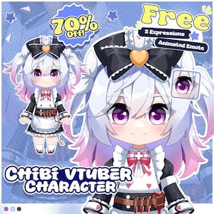 May include: A digital illustration of a Chibi VTuber character with white hair, pink highlights, and large purple eyes. The character wears a black and white maid outfit with a red bow and heart details. Text includes "70% Off!" and "Free 5 Expressions Animated Emote."