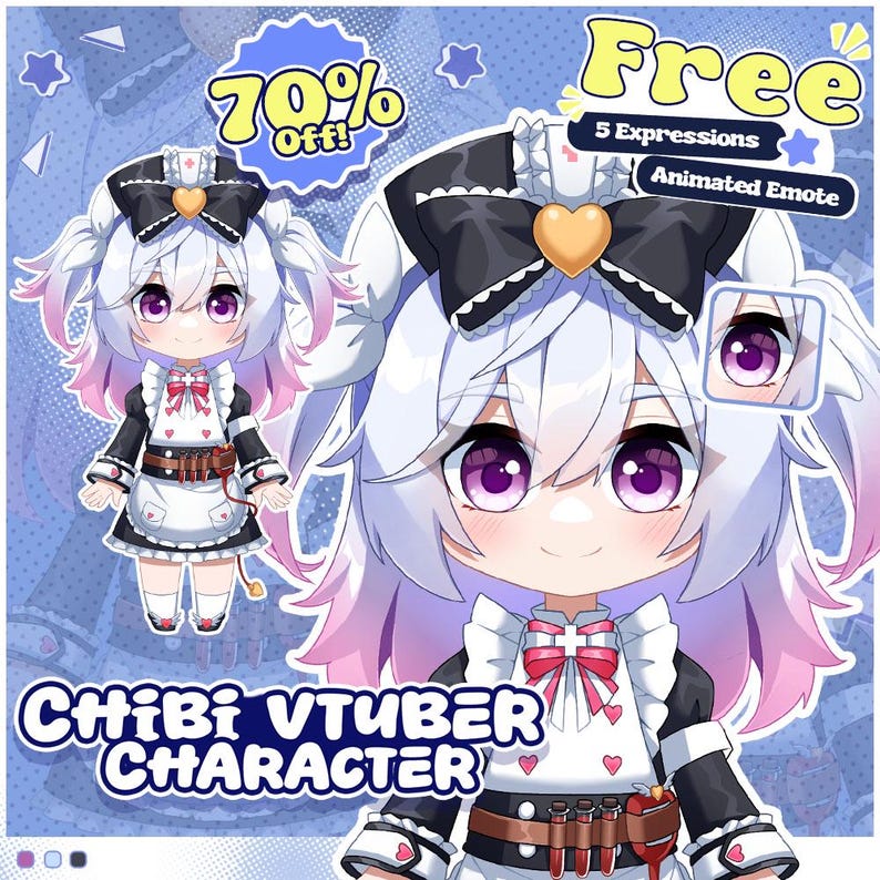 May include: A digital illustration of a Chibi VTuber character with white hair, pink highlights, and large purple eyes. The character wears a black and white maid outfit with a red bow and heart details. Text includes "70% Off!" and "Free 5 Expressions Animated Emote."