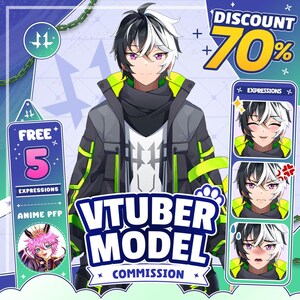 Anime VTuber model commission in a modern semi-realistic anime style, featuring a customizable male character with split black and white hair, purple eyes, and neon green streetwear outfit. Includes full body and close-up preview. Perfect for streamers, Twitch, YouTube, and PNGtuber use. Live2D-ready VTuber avatar with optional rigging, plus bonus 5 free animated emote expressions. Limited time 70% discount. custom vtuber, vtuber, vtuber model male, vtuber model, vtuber model free, vtuber assets