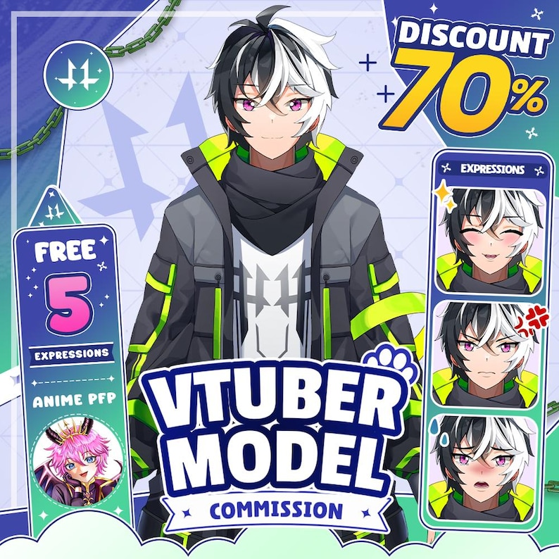 Anime VTuber model commission in a modern semi-realistic anime style, featuring a customizable male character with split black and white hair, purple eyes, and neon green streetwear outfit. Includes full body and close-up preview. Perfect for streamers, Twitch, YouTube, and PNGtuber use. Live2D-ready VTuber avatar with optional rigging, plus bonus 5 free animated emote expressions. Limited time 70% discount. custom vtuber, vtuber, vtuber model male, vtuber model, vtuber model free, vtuber assets