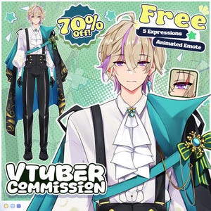 Könnte beinhalten: Illustration eines Anime-Charakters mit blonden Haaren mit lila Strähnen, der ein weißes Hemd, eine schwarze Hose und einen türkisfarbenen Umhang trägt. Der Text im Bild lautet: "VTUBER COMMISSION", "70% Off!" und "Free 5 Expressions Animated Emote".