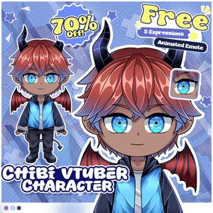 May include: An illustration of a chibi VTuber character with red hair, blue eyes, and black horns and wings. The character wears a blue jacket and black pants. The image includes text that says "70% Off!" and "Free 5 Expressions Animated Emote."