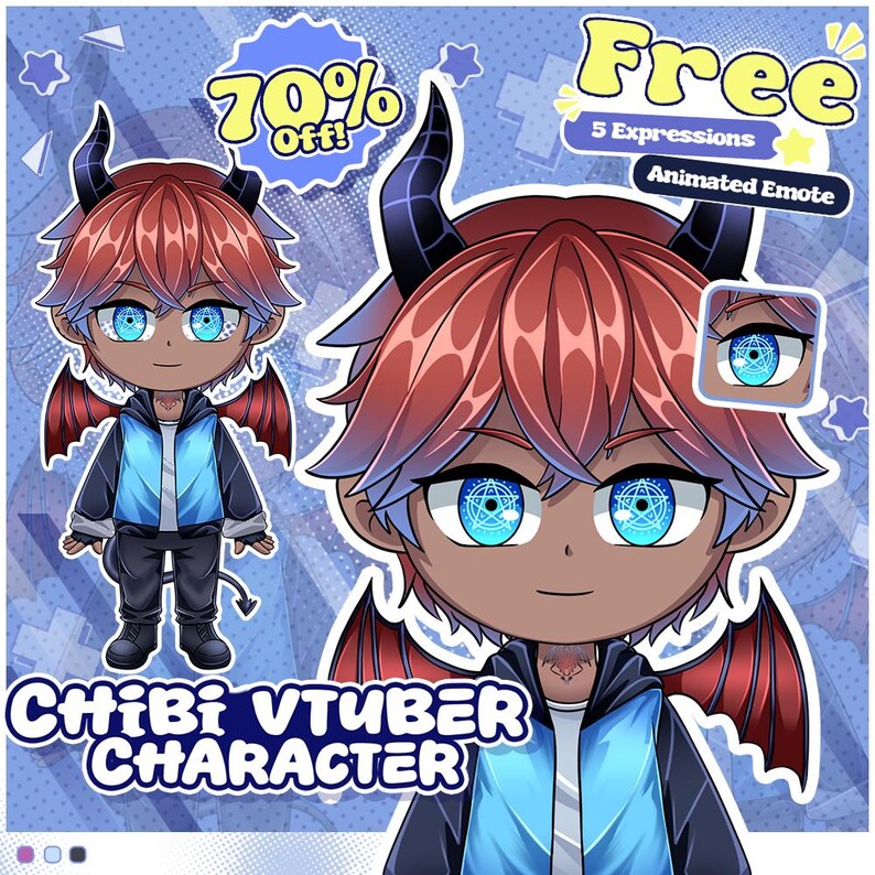 May include: An illustration of a chibi VTuber character with red hair, blue eyes, and black horns and wings. The character wears a blue jacket and black pants. The image includes text that says "70% Off!" and "Free 5 Expressions Animated Emote."