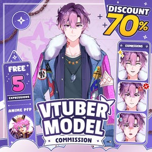May include: A digital illustration of an anime character with purple hair, wearing a denim jacket with a white fur collar, layered necklaces, and various patches. The image includes text overlays stating VTUBER MODEL COMMISSION, DISCOUNT 70%, and FREE 5 EXPRESSIONS.