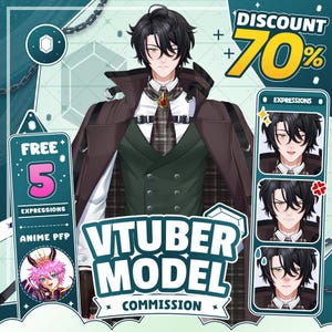 custom vtuber model live2d. Anime male VTuber character design with black hair and green eyes wearing a fantasy style outfit with a brown coat, plaid tie, and gold brooch accessory.  Pixel heart icons and chat bubble graphics decorate the layout, while a promo note lists free emote, VTuber logo, 5 expressions, and source files. Ideal for Twitch streaming, YouTube VTuber content, Live2D model, PNGTuber avatar, and custom VTuber character commission