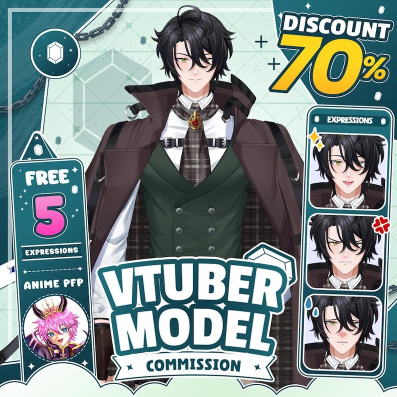 custom vtuber model live2d. Anime male VTuber character design with black hair and green eyes wearing a fantasy style outfit with a brown coat, plaid tie, and gold brooch accessory.  Pixel heart icons and chat bubble graphics decorate the layout, while a promo note lists free emote, VTuber logo, 5 expressions, and source files. Ideal for Twitch streaming, YouTube VTuber content, Live2D model, PNGTuber avatar, and custom VTuber character commission