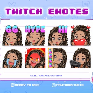 Chibi Girl Emotes | Brown Curly Hair | Grey Eyes | Grey Tanktop | Cute Streamer Emoji, By the Pawtoon